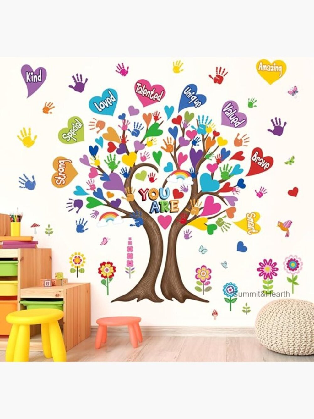 Large Hearts Tree Wall Decals, Peel and Stick, Waterproof PVC, Classroom Decor